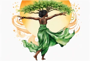 a tree trunk with roots that is a black woman from the waist up, feet made of tree roots, wearing a green tunic, arms stretched upwards towards the blazing sun tattoo idea