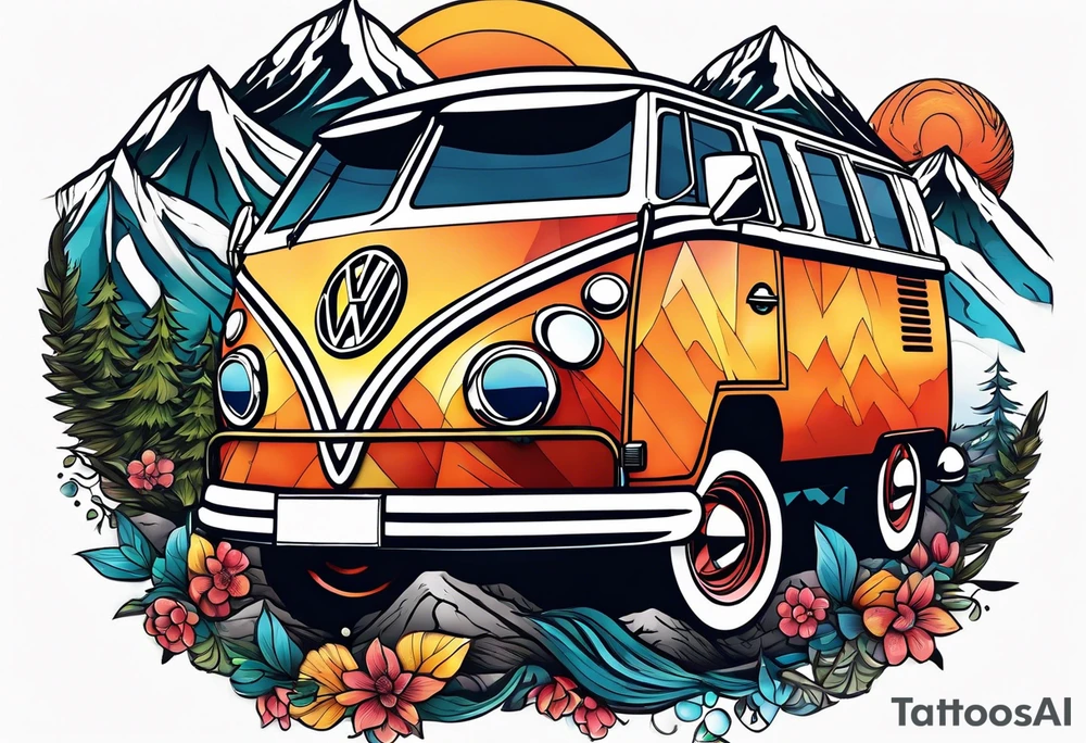 directional Compass rose, mountains and VW Komi campervan tattoo idea