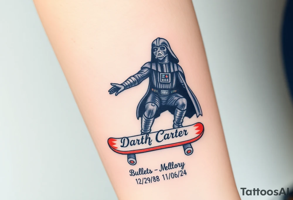 Darth Vader skateboarding > bullets > in loving memory > colors
add words "Darth Carter" to skateboard
add date 12/29/88-01/06/24 tattoo idea