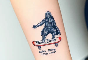 Darth Vader skateboarding > bullets > in loving memory > colors
add words "Darth Carter" to skateboard
add date 12/29/88-01/06/24 tattoo idea