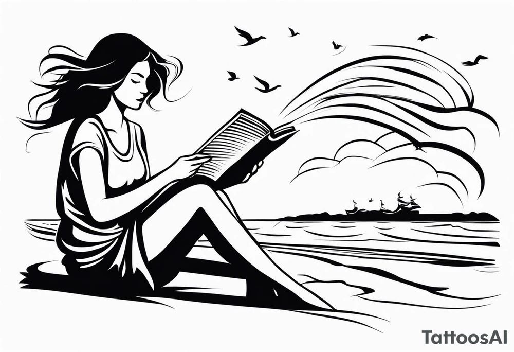 Someone is sitting on the beach reading a book and the pages are flying in the wind, the purpose of the tattoo is to emphasize that just as the pages are flying in the wind, you also have to flip through situations in life tattoo idea