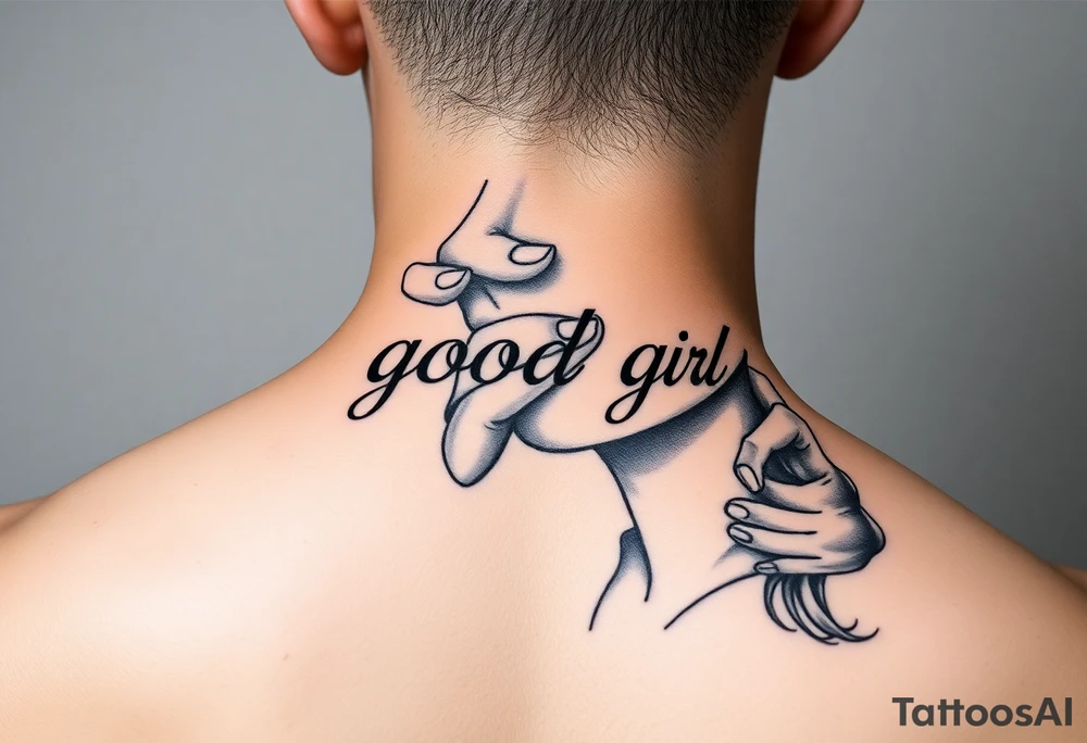 Obedient woman with a man’s hand squeezing her face and thumb in her mouth. Text saying “good girl” in traditional style over top tattoo idea