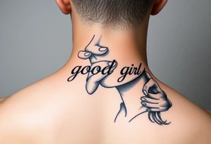 Obedient woman with a man’s hand squeezing her face and thumb in her mouth. Text saying “good girl” in traditional style over top tattoo idea