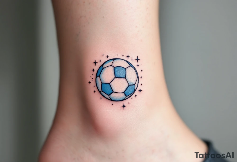A small ankle tattoo of a pastel blue soccer ball with sparkles around it for a playful look. tattoo idea