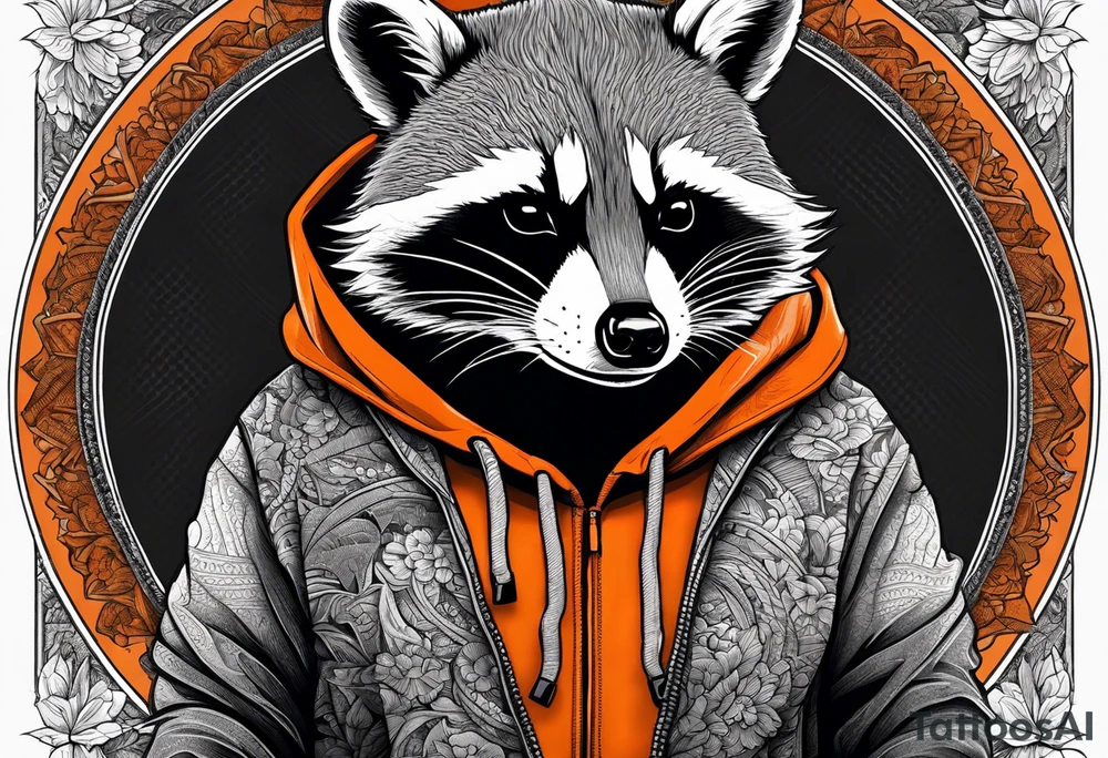 Raccoon wearing an orange Superman hoodie tattoo idea
