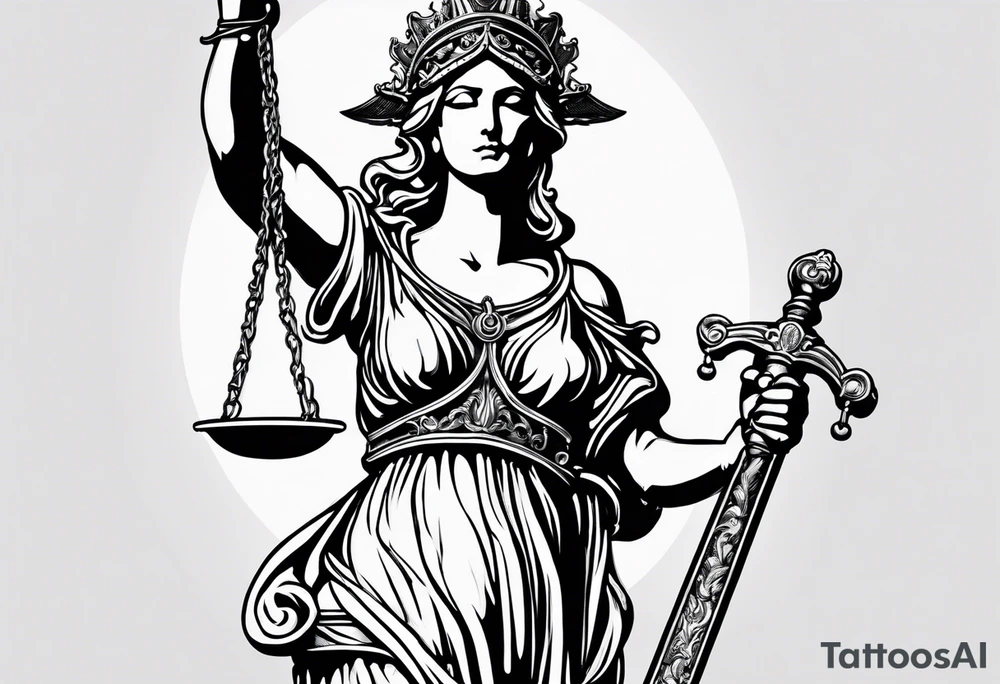 Lady justice with blindfolded eyes, holding a sword in the one hand and a libra in the other tattoo idea