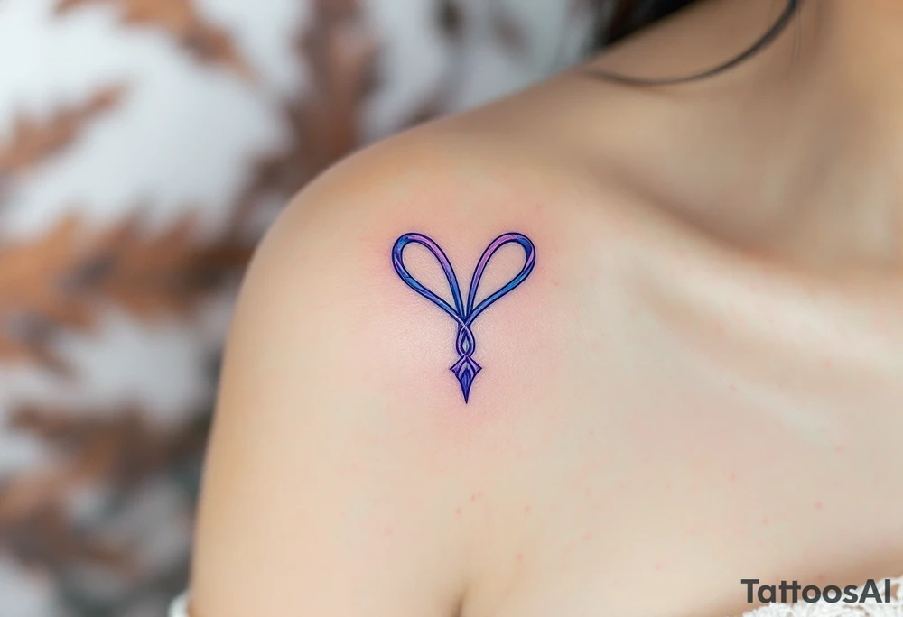 A silver  symbol for love rune with blue accents, surrounded by violet tattoo idea