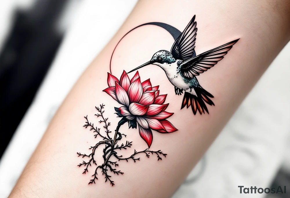 A hummingbird drinking from a lotus flower with one wing made of light (sun disc) and the other made of shadow (crescent moon) (red and black only) tattoo idea