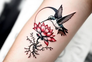 A hummingbird drinking from a lotus flower with one wing made of light (sun disc) and the other made of shadow (crescent moon) (red and black only) tattoo idea