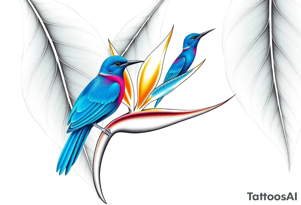 Bird of paradise flower with blue bird tattoo idea