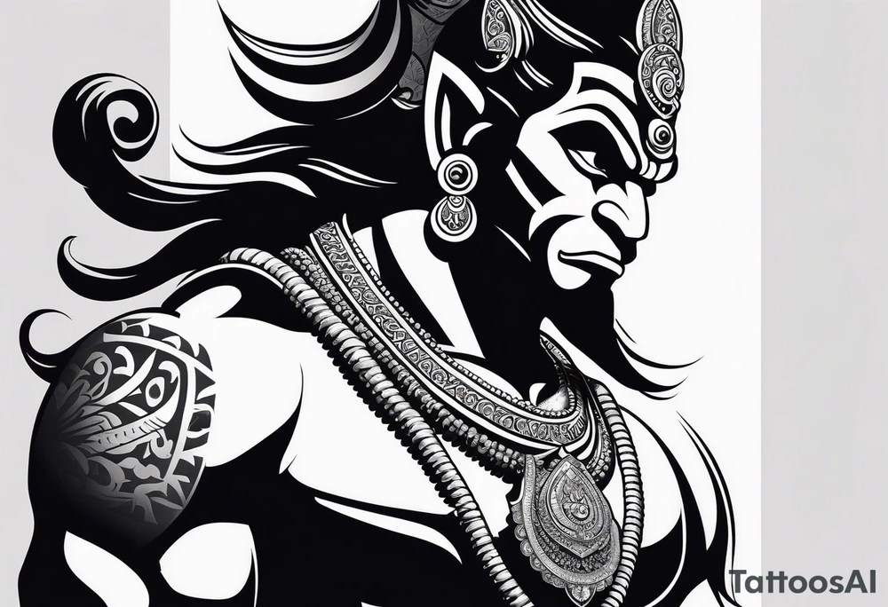 A simplified depiction of Hanuman, focusing on clean lines and minimal detail to capture his essence. Key features like his face, his mace (gada), and his posture could be subtly defined, without overwhelming detail. Avoid intricate textures, focusing more on silhouette and key symbolic elements.

ensure his entire body and tail 
is in the design tattoo idea