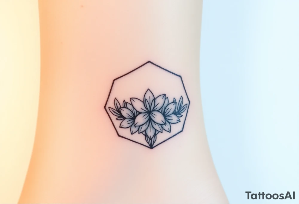 Faint Hexagon with Leo, larkspur and water lilies in the center tattoo idea