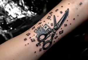 Barber pole and scissors and razor with raining money tattoo idea
