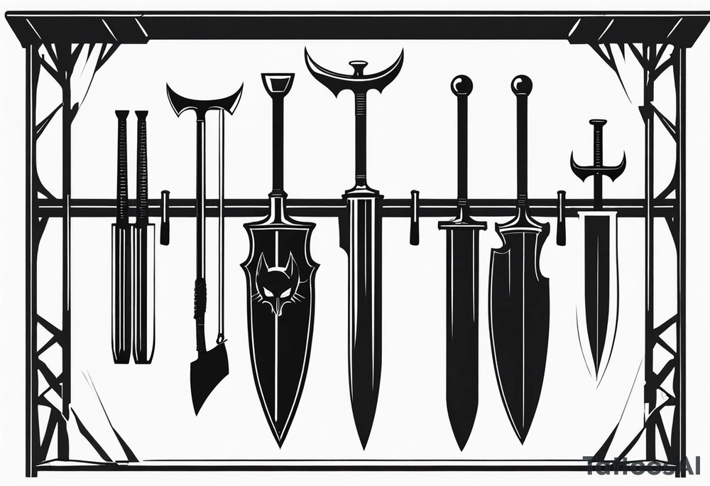 A weapons rack with 4  bats hanging from 4 of the 6 open spaces. tattoo idea