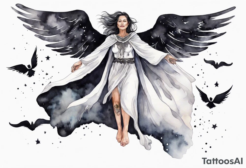 a beautiful 45 year old woman flying in the night sky with black wings, wearing a black and white cloak, bare feet tattoo idea