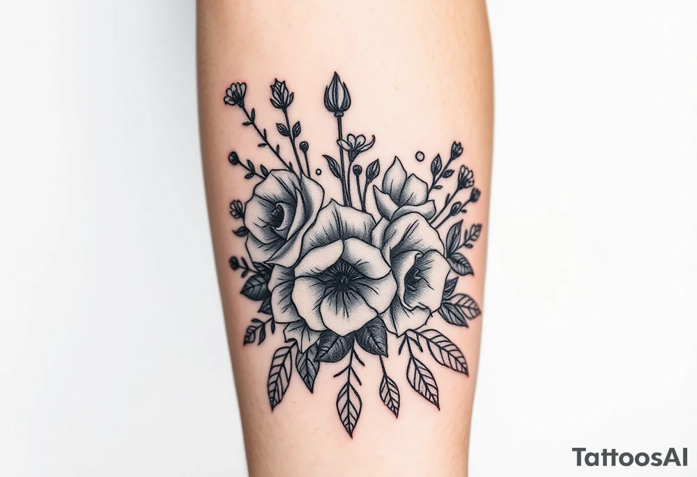 vintage bouquet of wild roses and meadow flowers with morning dew tattoo idea
