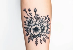 vintage bouquet of wild roses and meadow flowers with morning dew tattoo idea