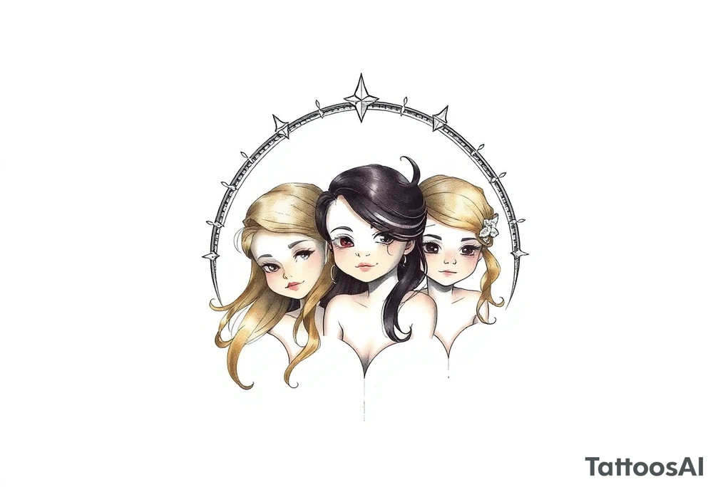 3 petites filles ( une cheveux noir et deux blondes)
sous un arc en ciel incomplet tattoo idea