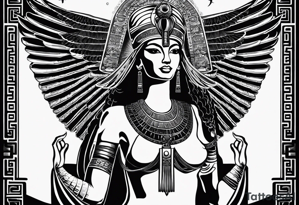 black and white Egyptian goddess Isis, who is often depicted as a woman with outstretched wings, holding an ankh (a symbol of life) in one hand and a lotus flower in the other. Her headdress often includes a throne or a solar disk. The tattoo design can vary in style and size, but it typically aims to capture the essence of this revered Egyptian deity, emphasizing her beauty, power, and maternal qualities. The choice of colors and additional elements can also be customized to create a unique and visually striking representation of the goddess Isis tattoo idea