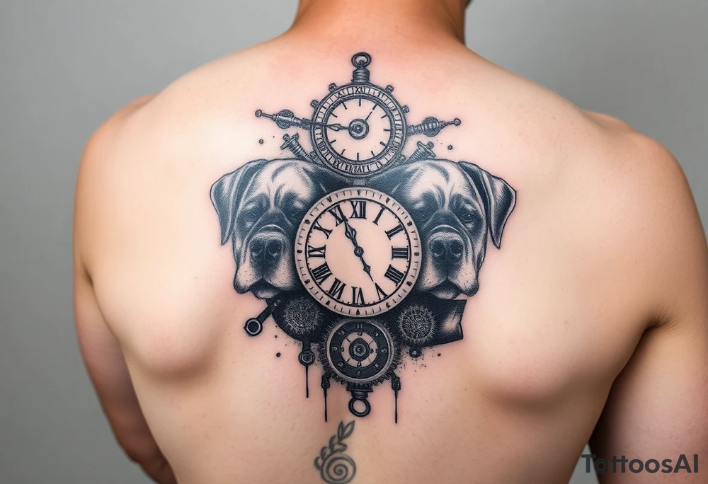 Gears that look like clocks Rottweilers mechanical sleeve tattoo idea
