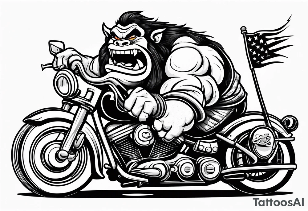 Ogre riding a Harley with ape hanger handlebars tattoo idea