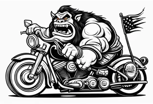 Ogre riding a Harley with ape hanger handlebars tattoo idea