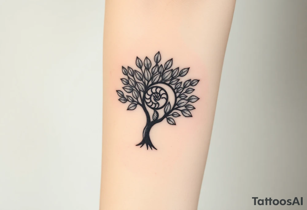Fibonacci spiral shell inside of tree full of lots of leaves tattoo idea
