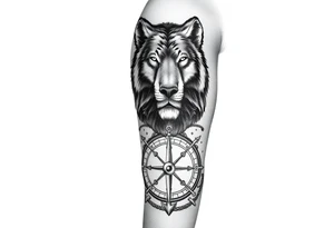 stacked wolf, bear, lion, faces; surrounded by a broken old school compass with a rope and anchor on the bottom tattoo idea