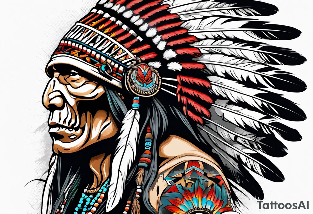 Native American bonnet war chief skull tattoo idea