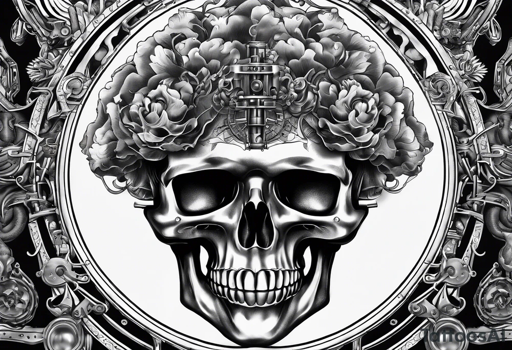 music related design of a biomechanical dissection of a brain that is on fire tattoo idea