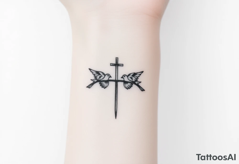 Weathered cross with 4 birds tattoo idea