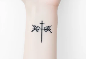 Weathered cross with 4 birds tattoo idea