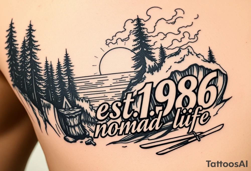 Collage of Redwood forest cliff huge trees campfire smoke and sunset meeting ocean  with huge waves crashing on the rocky shoreline and a night ski with the words "est.1986 nomad life" in graffiti like old English custom letters tattoo idea