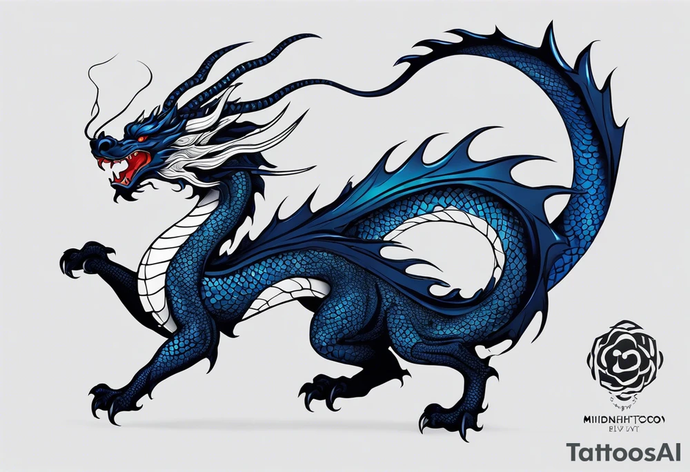 An epic floating asian dragon. Its long body coiling dynamically, with scales and horns detailed to create a sense of movement and strength. The dragon's main color is midnight blue, giving a vibrant depth and a mystical aura. This tattoo highlights the dragon’s fierce expression and sharp claws. tattoo idea