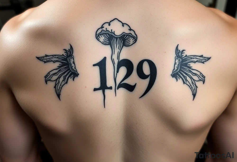 A 10x10 grunge tattoo with the number 129 and something like a fungus tattoo idea