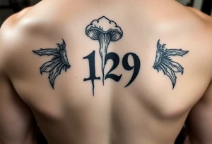 A 10x10 grunge tattoo with the number 129 and something like a fungus tattoo idea