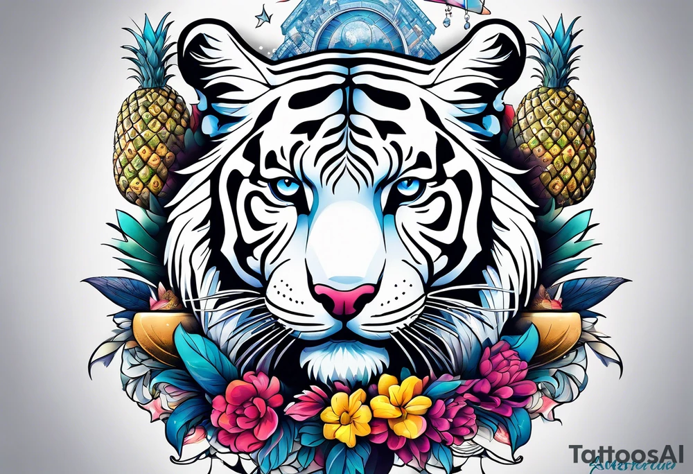 White tiger, stag and birds with pineapples featuring Amsterdam buildings and canal in galaxy colours and Amsterdam buildings and canal tattoo idea