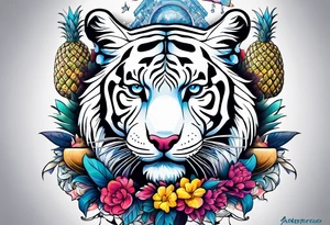 White tiger, stag and birds with pineapples featuring Amsterdam buildings and canal in galaxy colours and Amsterdam buildings and canal tattoo idea