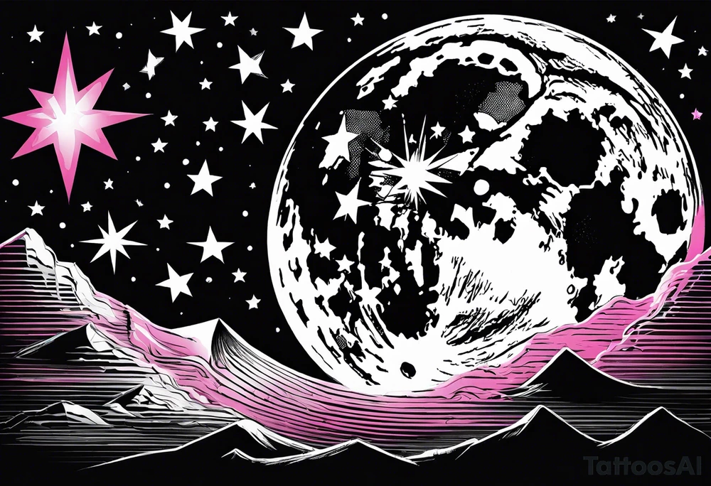 1 Full moon in black and white as main piece , 3 shooting stars going through moon. Two with blue lines in side the star and 1 with pink tattoo idea