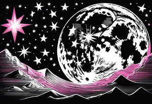 1 Full moon in black and white as main piece , 3 shooting stars going through moon. Two with blue lines in side the star and 1 with pink tattoo idea