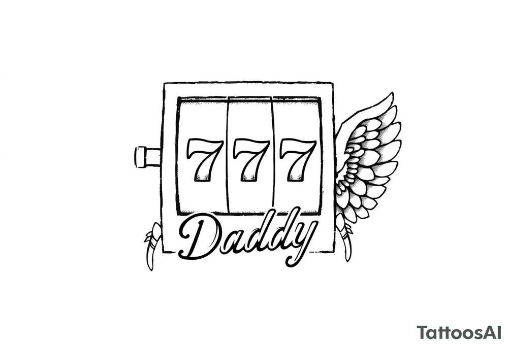 Slot machine with 777 and the word Daddy with angel wings tucked tattoo idea