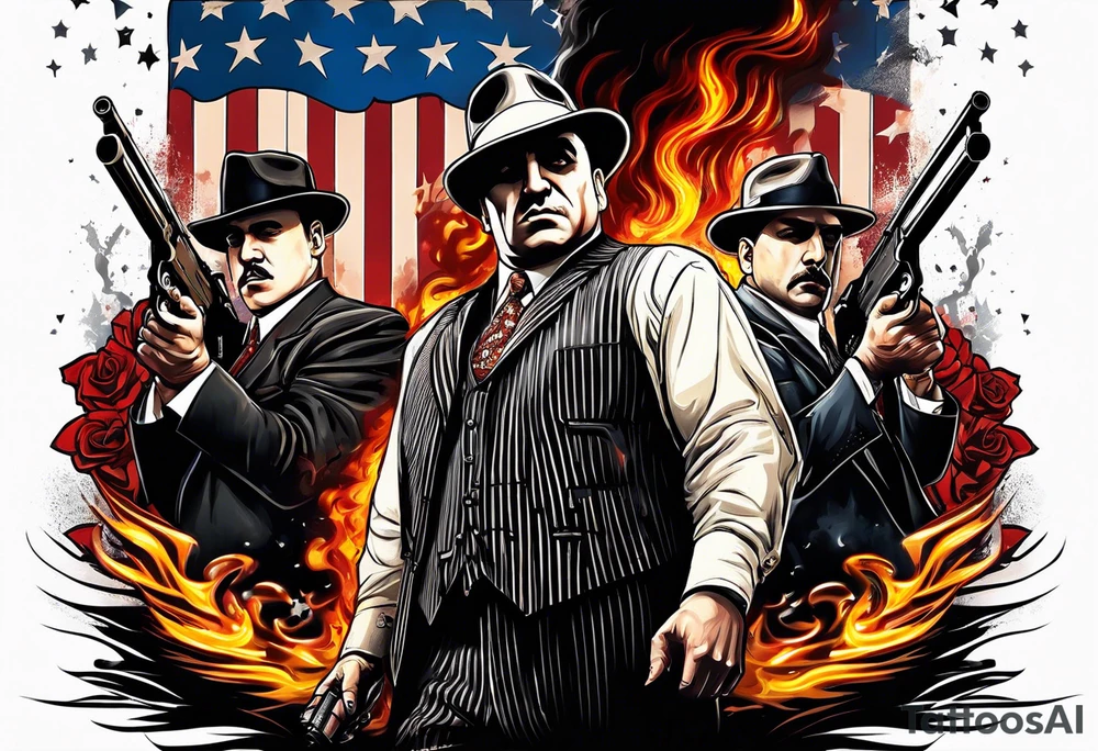 capone style gangsters battling with machine guns against a dark flame background 
american flag and sexy women tattoo idea