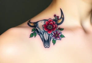 Buffalo or bison skull with flowers. Snow drop and red peony. Green holly with red berries, purple larkspur, red peony.  Colour. For upper arm or shoulder. tattoo idea