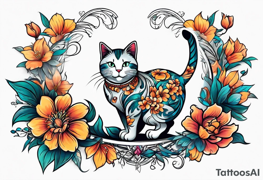 Cat dancing with a flower tattoo idea