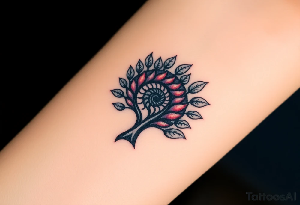 Fibonacci spiral shell inside of tree with full leaves tattoo idea