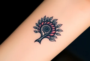 Fibonacci spiral shell inside of tree with full leaves tattoo idea