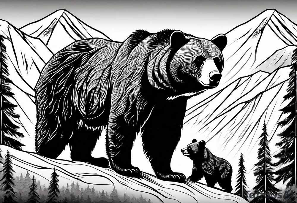 mamma bear and cub with mountains tattoo idea