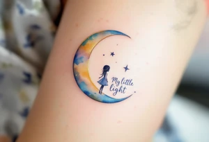A crescent moon and small star in gold and soft blue with little girl sitting on the Moon “My Little Light” in flowing script. tattoo idea