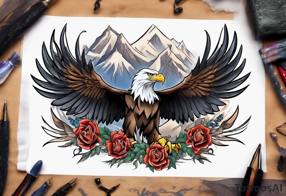 Tribute to Father representing a bald eagle with wings spread with mountain flowers in the background tattoo idea