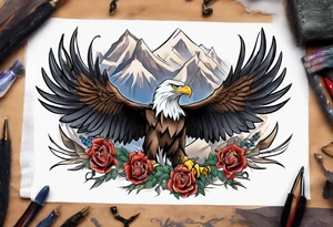 Tribute to Father representing a bald eagle with wings spread with mountain flowers in the background tattoo idea
